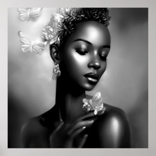 Affiche Fille africaine noir blanc papillon monochrome