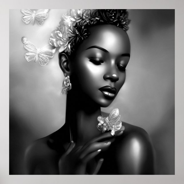 Affiche Fille africaine noir blanc papillon monochrome (Devant)