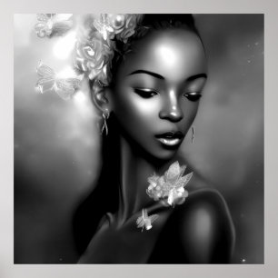 Affiche Fille africaine noir blanc papillon monochrome 2