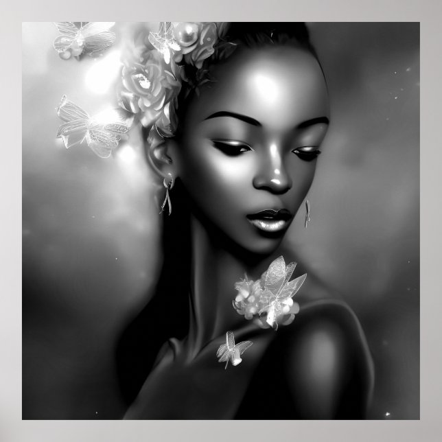 Affiche Fille africaine noir blanc papillon monochrome 2 (Devant)