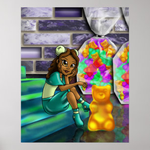 Affiche Fille afro-américaine et ours gommeux