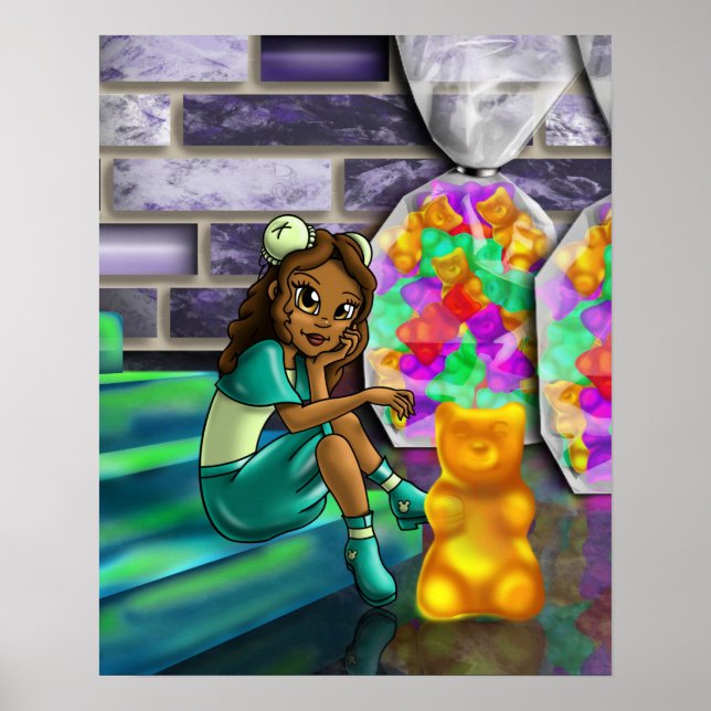 Affiche Fille afro-américaine et ours gommeux (Devant)