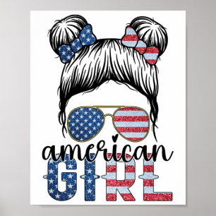 Affiche Fille Américaine 4 Juillet Messy Bun Drapeau Usa A