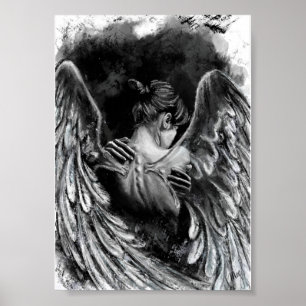 Affiche Fille Ange - Peinture en Noir et Blanc