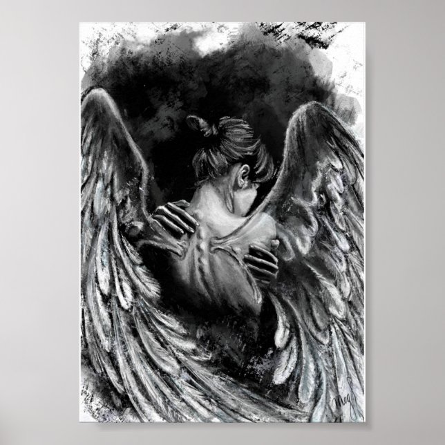 Affiche Fille Ange - Peinture en Noir et Blanc (Devant)