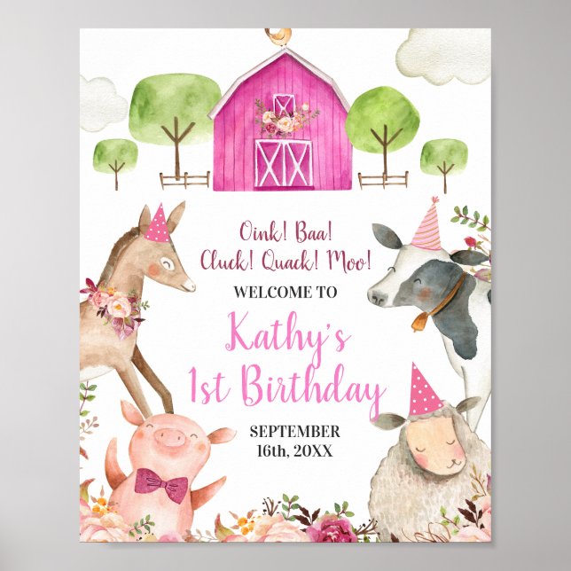 Affiche Fille Animaux de ferme Barnyard 1er anniversaire B (Devant)