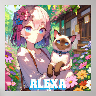 Affiche Fille Anime et Chat Siamois Personnalisés