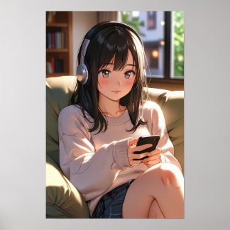 Affiche Fille Anime Lofi Confortable Casque Ambiance Déten