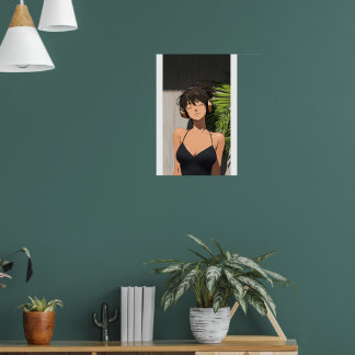 Affiche Fille Anime Minimaliste se Relaxant avec des Écout
