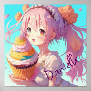Affiche Fille Anime personnalisée avec cupcake Whimsical
