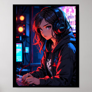 Affiche Fille Anime Rétro Joueuse Configuration de Streami