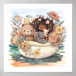 Affiche Fille Aquarelle mignonne Avec Besties