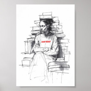 Affiche Fille assise sur le trône du livre - "Just Read"