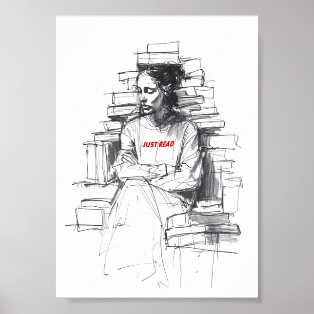 Affiche Fille assise sur le trône du livre - "Just Read" (Devant)