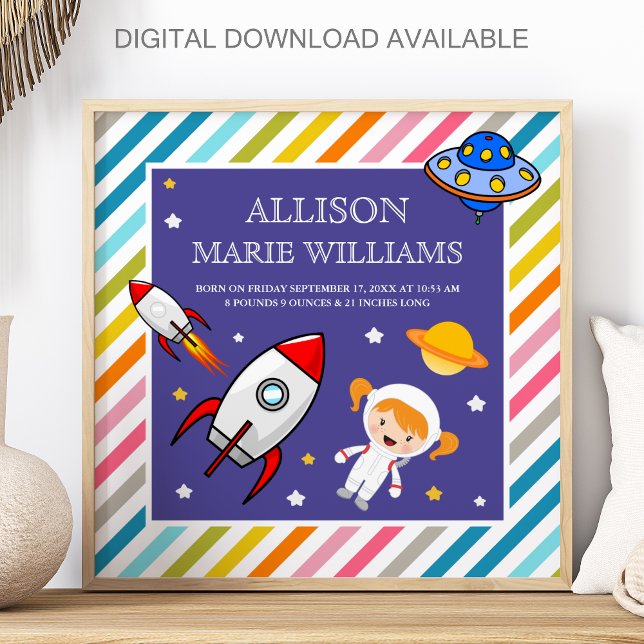 Affiche Fille Astronaute Espace Fusée Naissance Statistiqu (Créateur téléchargé)
