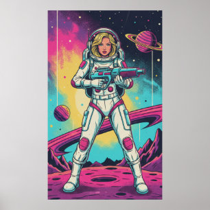 Affiche Fille astronaute rétro-futuriste