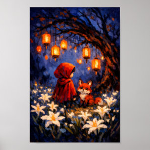Affiche Fille au Chaperon Rouge avec Renard dans la Forêt