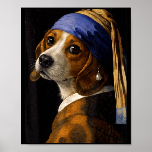 Affiche Fille au collier de perles beagle chien drôle mème (Devant)