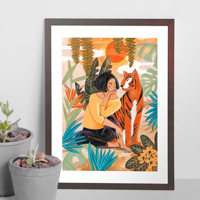 Affiche Fille au coucher de soleil de la jungle au tigre (Créateur téléchargé)