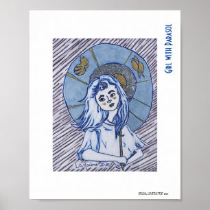 Affiche Fille au parasol, portrait à l'encre bleue sur un
