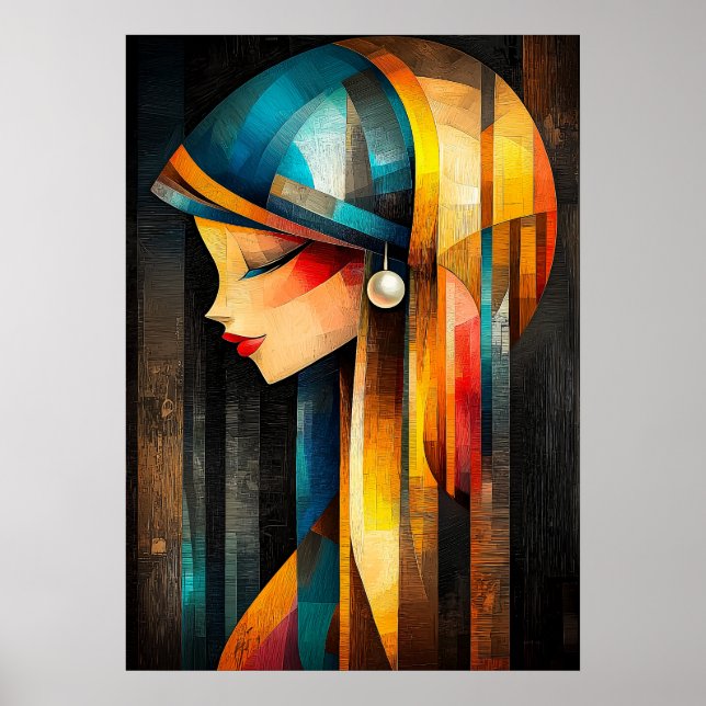 Affiche Fille au Perle - Cubiste Minimaliste (Devant)