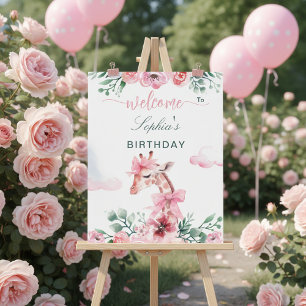 Affiche Fille au ruban rose floral aquarelle girafe