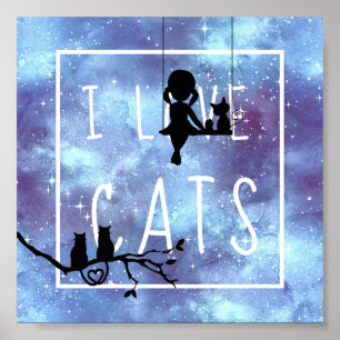 Affiche Fille aux chats Galaxie Bleue Aquarelle Silhouette