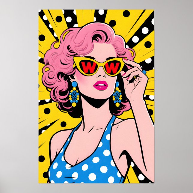 Affiche Fille aux lunettes de soleil jaunes Pop Art (Devant)