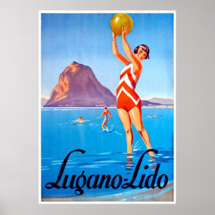 Affiche Fille avec balle de plage sur le lac Lugano, Suiss