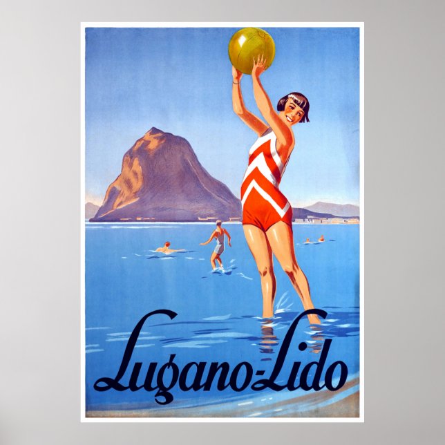 Affiche Fille avec balle de plage sur le lac Lugano, Suiss (Devant)