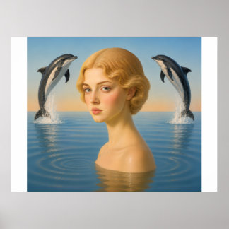 Affiche FILLE avec DAUPHINS DANS L'OCEAN