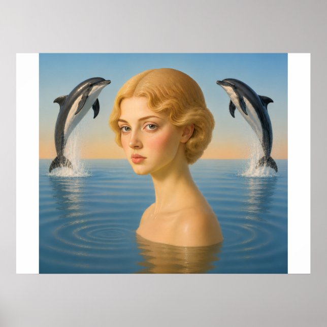 Affiche FILLE avec DAUPHINS DANS L'OCEAN (Devant)