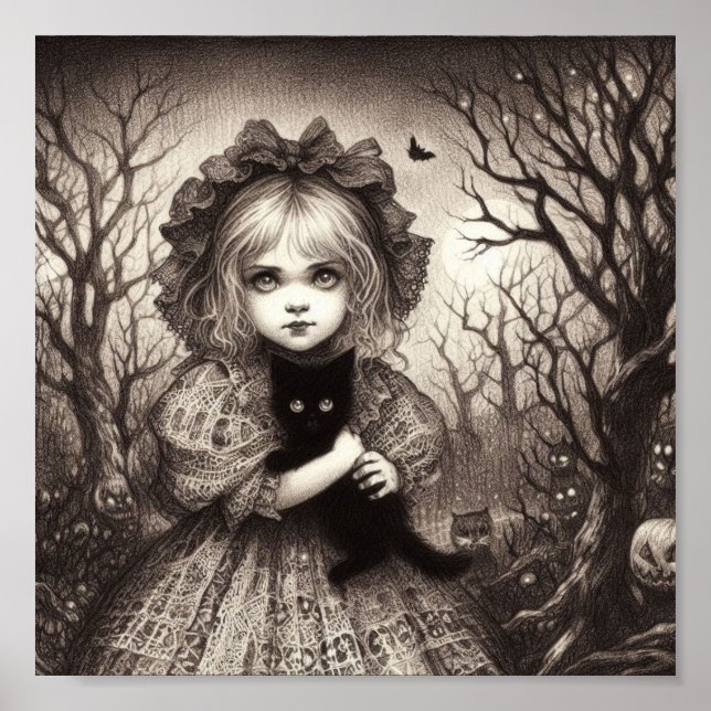 Affiche Fille avec Kitten noir Éffrayant Halloween rétro (Devant)