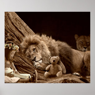 Affiche Fille avec Lion et ours en peluche