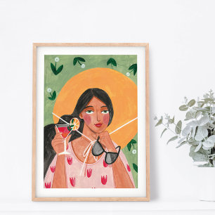 Affiche Fille avec lunettes de soleil chapeau d'été fond f