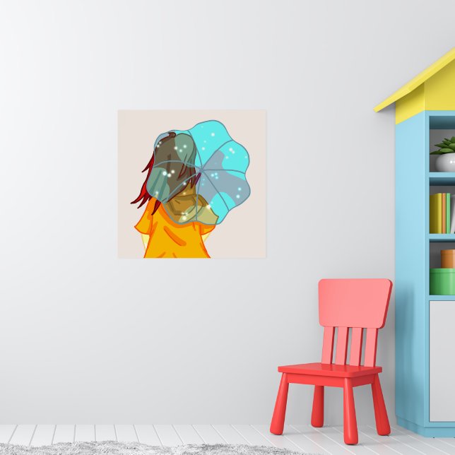 Affiche Fille avec parapluie dans le dessin de pluie vent (Pépinière 1)