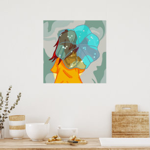 Affiche Fille avec parapluie dans le vent pluie verte