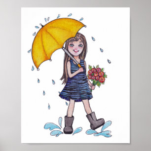 Affiche Fille Avec Parapluie Jaune En Aquarelle