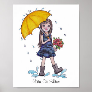 Affiche Fille Avec Parapluie Jaune En Aquarelle