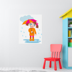 Affiche Fille avec parapluie sous la pluie Enfants Jour de