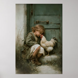 Affiche Fille avec poulet imprimable, coq rustique