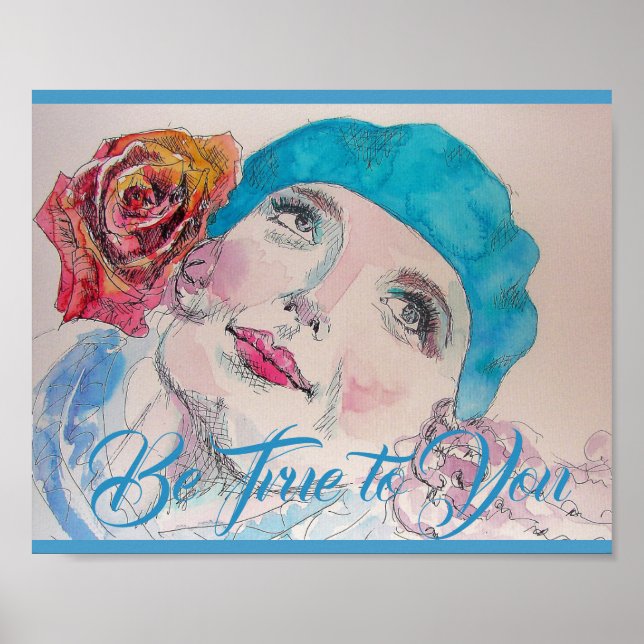 Affiche Fille avec Rose rouge Beret Aquarelle (Devant)