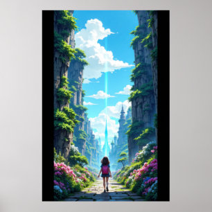 Affiche Fille avec sac à dos marchant vers un cristal de f