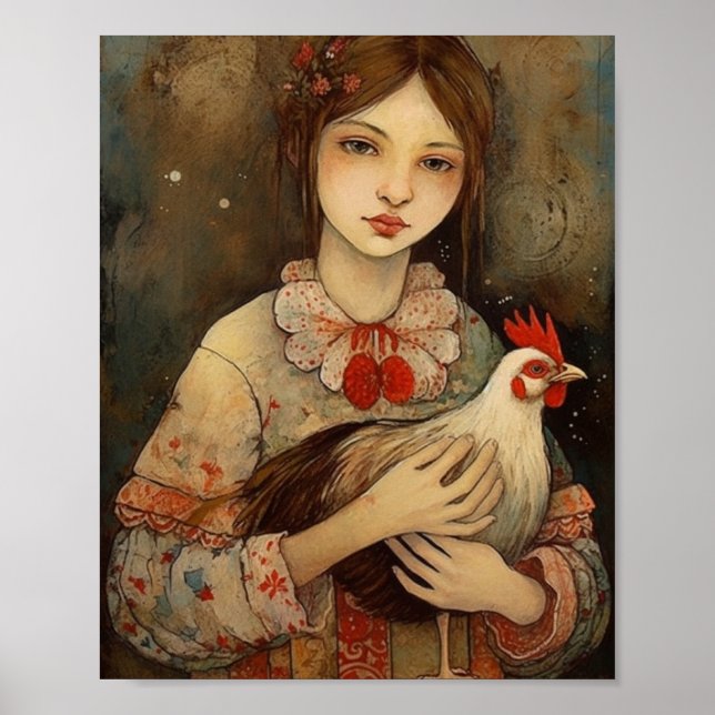 Affiche Fille avec son animal de compagnie poulet Ai Art (Devant)