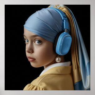 Affiche Fille avec une oreille perle et casque bleu Auti