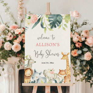 Affiche Fille baby shower safari animaux signe de bienvenu