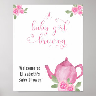 Affiche Fille Baby shower Teapot rose et Fleurs Bienvenue