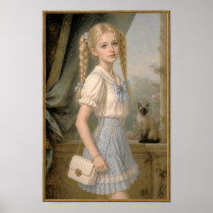 Affiche Fille blonde avec un chat siamois