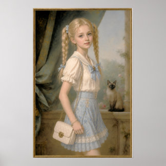 Affiche Fille blonde avec un chat siamois