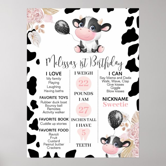Affiche Fille Boho Vache florale 1er anniversaire Jalon (Devant)